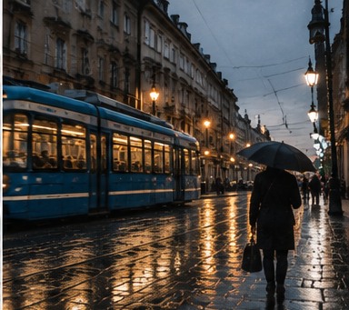 Kraków w ruchu — tramwaj i deszcz